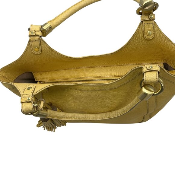 Brahmin Yellow Textured Leather Tote Bag With Tassel Accents & Interior Pockets - Picture 10 of 12